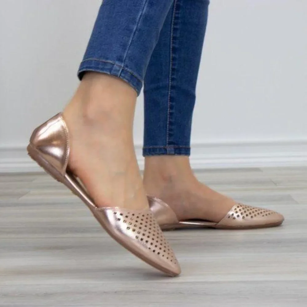 Pointed Toe Perforated Gold Rose Flats - Picture 1 of 7